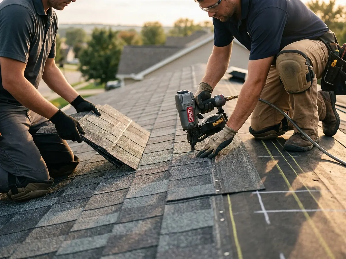 Professional roofer working on a residential roof in North East